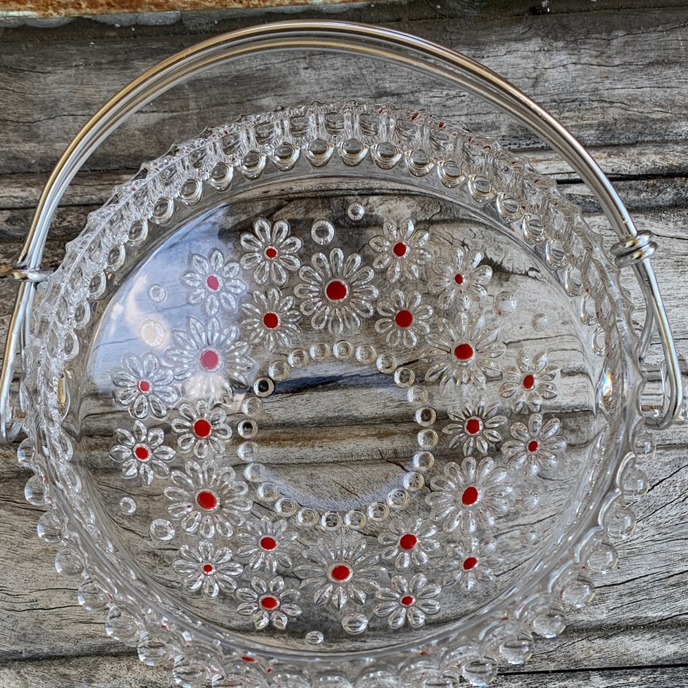 Vintage 70’s Walther Kristallglas Glass Daisy “Fabiola Basket Red Accent Dots - Picture 8 of 16